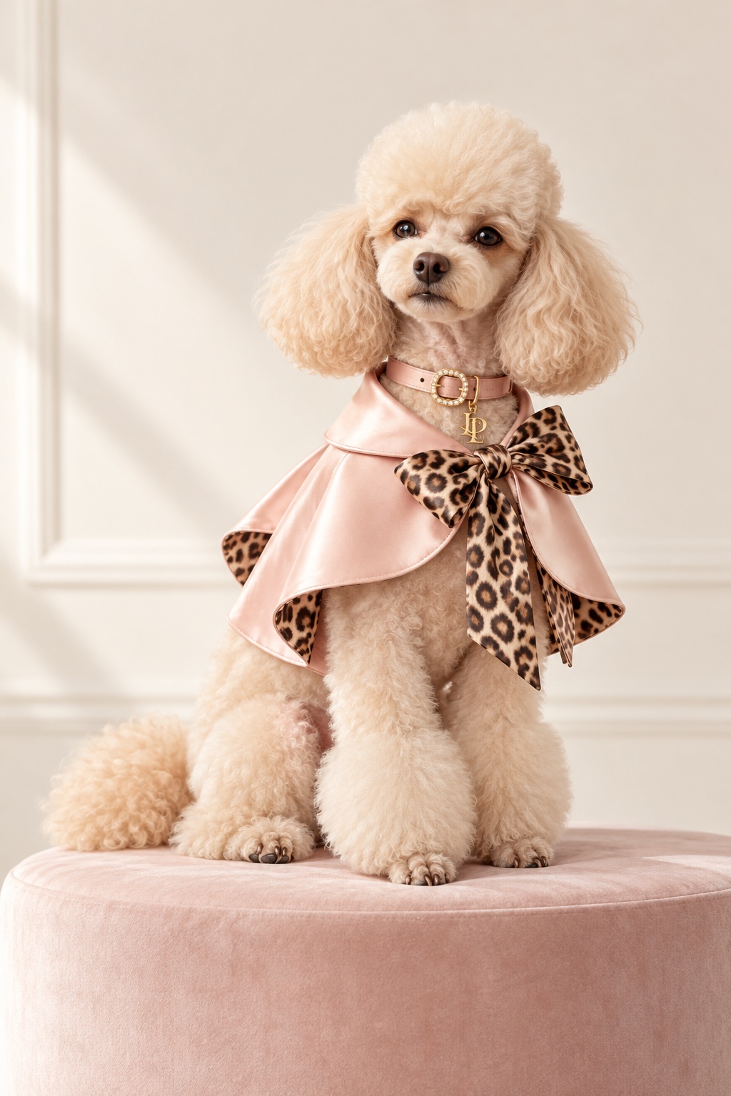Poodle wearing the Rosette cape in blush satin with a leopard bow