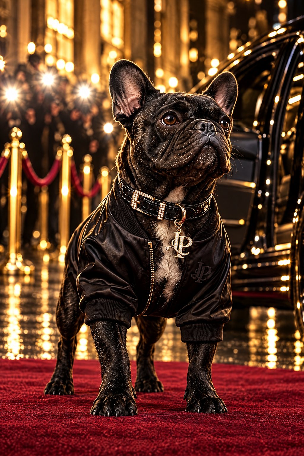 French bulldog on a red carpet in the Nightshift satin bomber and Headliner collar