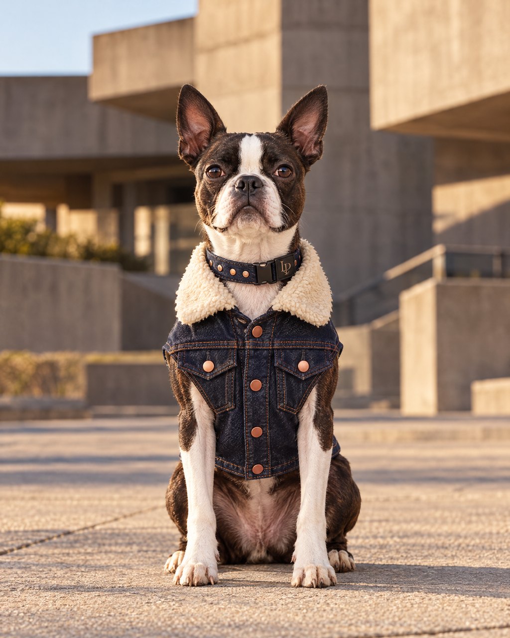 Boston terrier on a concrete plaza in the Béton trucker jacket in indigo denim