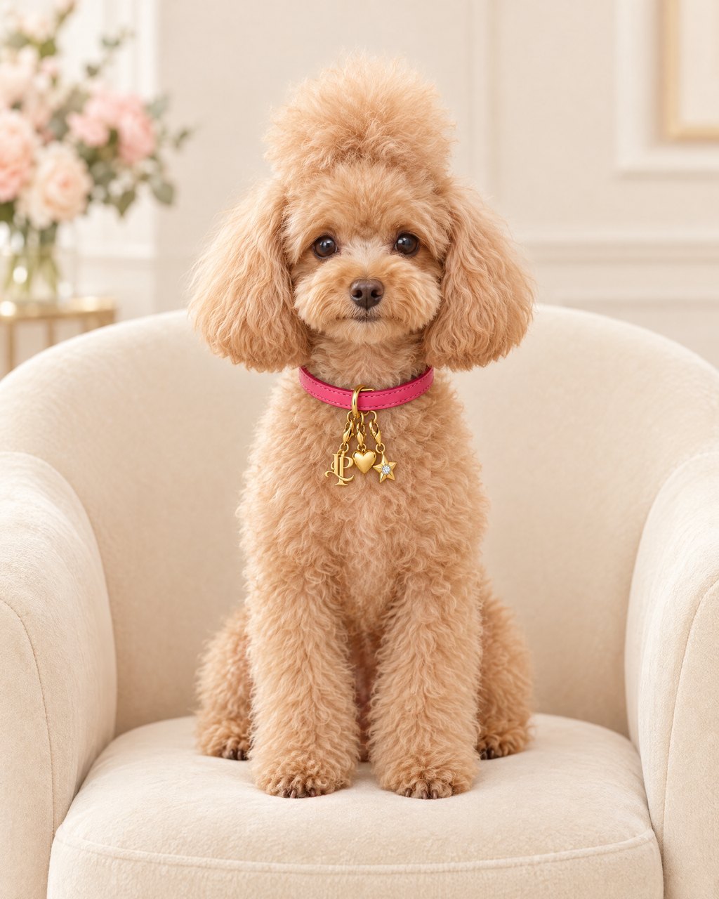 Toy poodle in a pink collar wearing the LP, Puff heart and Star charms in gold-tone