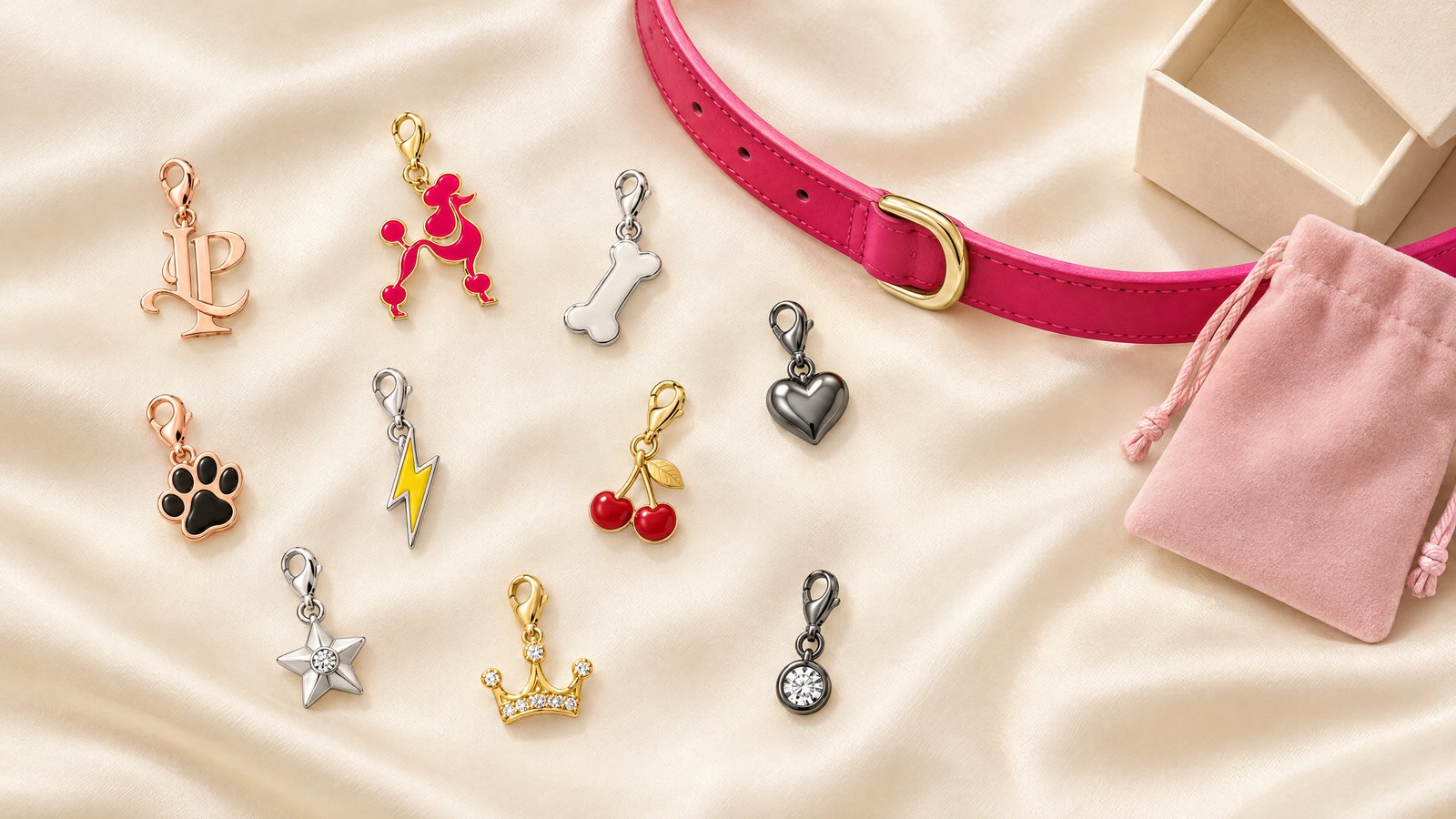 Lapoujé collar charms in gold-tone, silver-tone, rose gold-tone and gunmetal